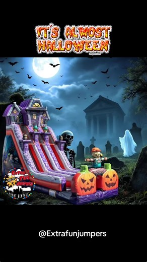 24ft Haunted Mansion Dual Lane Dry Slide! Book our thrilling and new spooky dual lane dry slide, this towering slide boast ghostly decorations and is perfect for any Halloween parties or harvest festival, it’s a surefire way to elevate the excitement factor at your next event. #extrafunjumpers #halloween #halloweenparty #halloweenfest #halloween2025