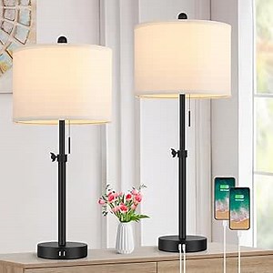 Table Lamp for Bedroom Set of 2, 23" to 30" Height Adjustable Bedside Lamp with 2 USB Ports, Black Nightstand Lamp with White Shade, Modern Pull Chain Table Lamp for Living Room End Table