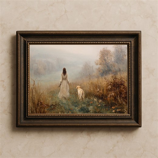 Vintage Woman Walking Dog, Moody Autumn Landscape, Foggy Field Oil Painting, Rustic Pet Art Print, Digital Download - Etsy