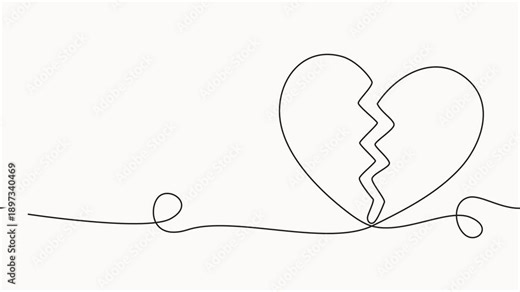 Continuous one line drawing broken heart, single line vector art animation video, no in love. animation vector. Broken heart concept with love, One line drawing of broken heart symbol.