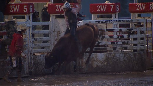 On a wet and wild night at the Sundre Pro Rodeo, Grady Young shot to the top of the leaderboard after this 87 point ride aboard the Calgary Stampede's Monday Merle. | Pro Rodeo Canada - CPRA