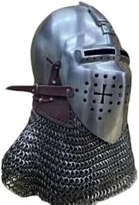 Bascinet Spoleto 18 Gauge Steel Helmet Armored Combat & Reenactment Helmet | LARP Battle Armor with Chainmail Helmet