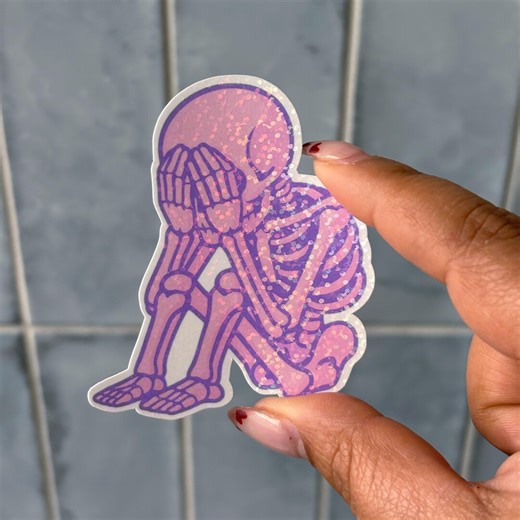 Sad Skelly Vinyl Sticker - Sad Skeleton, Emotional Sticker, Overstimulated, Glitter Finish, Glossy Sticker, Emotional Support Stickers - Etsy