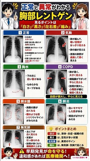 【レントゲンの裏側】白さ・黒さ・左右差で一発判定？胸部レントゲンで判明する「7つの主要な肺疾患」と画像に現れる危険な病気のサイン徹底解説
