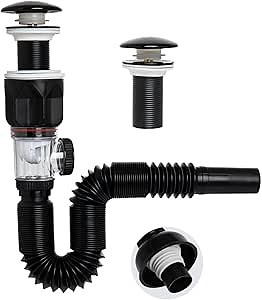 Bathroom Sink Drain Kit - No Clog Pop Up with Hair Catcher, Works with or Without Overflow, Tool-Free Install (Fits 1-1/4" & 1-1/2" Sinks), Black