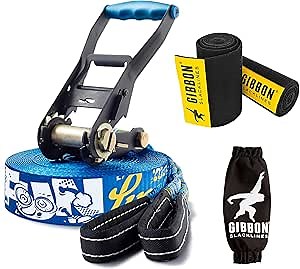 GIBBON FunLine Slackline with TreeWear - Beginner & Kids Slack Line 49ft - 41ft x 2” line & 8ft Ratchet Strap with Reinforced Loop