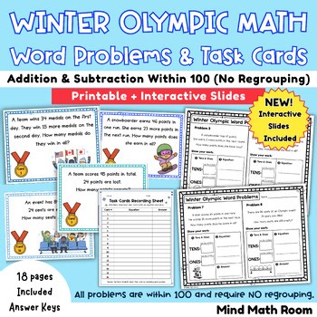 Winter Olympic Math Word Problems & Task Cards | Within 100 + Interactive