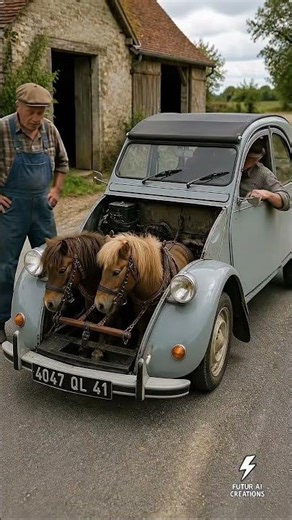 A 2CV with two real horses under the hood 😂🐴