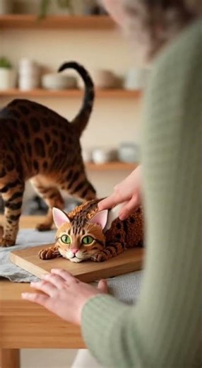 Cutting a Bengal cat cake beside a real Bengal cat — unexpected reaction