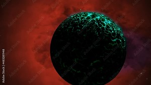CGI zoom in by green alien planet in front of red and purple nebula, space, wide view