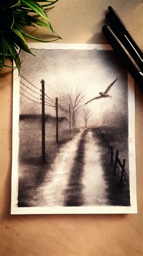 Foggy Winter Morning Drawing #shorts #winter #landscape #art #realistic #trending #diy #subscribe