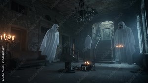 Eerie Specters Haunt an Abandoned Mansion: A Haunting Scene with Ghostly Apparitions Gracing the Remnants of a Forgotten Era