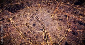 Aerial night view of city of Paris, France. Traffic and street light glowing. Camera flying above space filming to city center. Rotating around and making endless loop. 3d animation rendering.