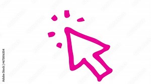 Animated pink symbol of mouse cursor. magenta arrow with rays clicks. Icon in sketch style. Hand drawn vector illustration isolated on white background.