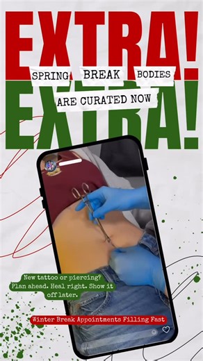 American Pride Tattoos on Instagram: "Spring break bodies are curated NOW. If your goal is a new tattoo or piercing to show off on spring break, timing matters. We want to make sure you’re fully healed before playing in the sun, surf, and sand. Book your appointment while you’re home for holiday break so you can heal properly and enjoy spring break stress free. Appointments fill fast. Plan ahead. #AmericanPrideTattoos #MichiganTattoos #SpringBreakPrep #TattooHealing #PiercingCare #MetroDetroitTa