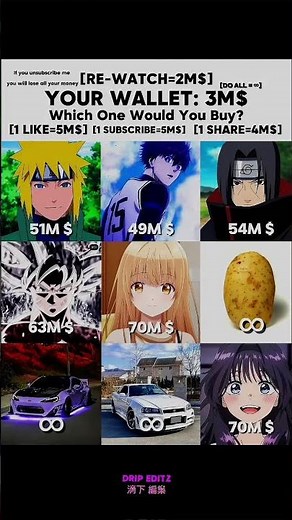 Which Anime Character Can You Buy With $3M? | Naruto Wallet Meme Challenge!!