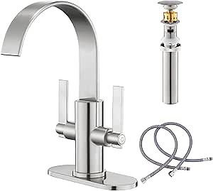 Brushed Nickel Bathroom Faucets，Bathroom Sink Faucet 3 Hole or 1 Hole,2 Handle Waterfall Faucet with Deck Plate，high-arc 360° Swivel spout for Vanity Sink with Metal Pop-Up Drain & Supply Lines