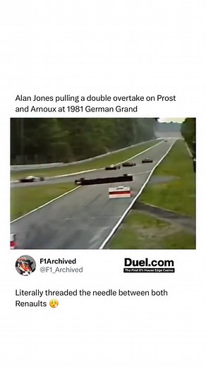 Alan Jones used the long straights and heavy braking zones of Hockenheim in 1981 to produce one of the defining moves of his title defending season. Midway through the German GP he closed rapidly on Alain Prost and Rene Arnoux, both fighting for position, and timed his run through the stadium section to pass the Renault and the Renault powered cars momentum in a single clean move. The overtake captured the balance of aggression and judgement that shaped Jones driving at a time when slipstreaming