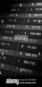 Looping 3D render of dark financial spreadsheet interface showing market quotes, dollar values, percent change and trend icons. Abstract trading analytics backdrop for economy and fintech Stock Video Footage - Alamy