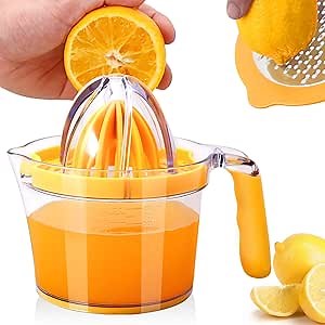 Citrus Lemon Orange Juicer Manual Hand Squeezer, Fruit Juicer Lime Press with Built-in Measuring Cup and Grater and Egg separator, Non-Slip Silicone Handle, 20OZ