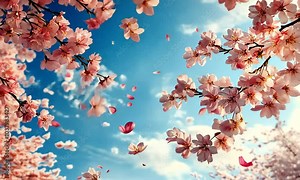 Pink cherry blossoms falling from a branch against a blue sky.