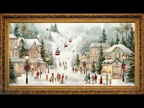Animated winter wonderland ski town | Golden tv screensaver framed snowfall with music HDR