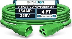 IronBox Electric - Heavy-Duty C14 to C19 Power Cord, 15A, 250V, 14/3 SJT - IEC60320 PC Cable for Computer Extensions, Monitor, PSU - C14 Male to C19 Female Connector Power Cable - (Green 4 Foot)
