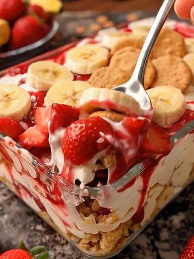 Strawberry Banana Pudding Dream Creamy Strawberry Banana Pudding Delight with Layers of Love Recipe Ingredients: 2 cups cold milk 1 (5.1 oz) box instant vanilla pudding mix 1 (14 oz) can sweetened condensed milk 1 ½ cups heavy whipping cream 1 teaspoon vanilla extract 4 large bananas, sliced 2 cups fresh strawberries, sliced 1 box vanilla wafers (about 45–50 cookies) Optional garnish: extra strawberries, banana slices, and crushed vanilla wafers Directions: Prepare the pudding base: In a large m