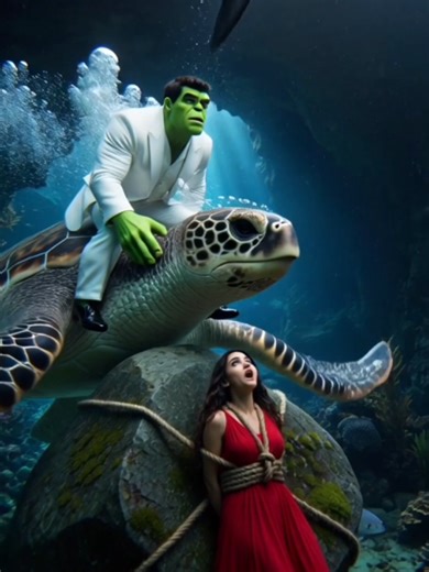 Hulk and Kajol Ride the Sea Turtle: Shark Attack and the Brave Rescue#hulk #aigenerated #foryou #foryou