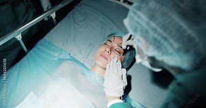 Plastic surgery, patient and drawing lines on face for change, cosmetics and beauty with medical service. Doctor, woman and mark on skin, filler or collagen in process for transformation in hospital