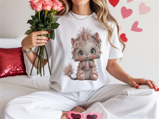 Cute Unicorn Cat T-shirt, Kawaii Kitten Tee, Floral Kitty Gift, Magical Creature Shirt, Fantasy Pet Lover Top, Cartoon Animal Clothing - Etsy