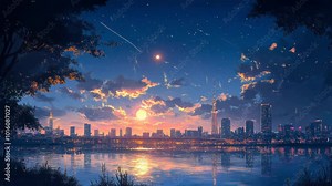 Anime Night City Skyline with Stars, Moon, Water Reflection, and High-Rise Buildings - Captivating Urban Anime Scene in Beautiful Nighttime Setting