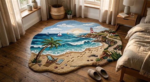 Coastal Beach Tufted Rug, Ocean Wave Lighthouse Rug, Handmade Seaside Area Rug, Tropical Palm Beach Carpet, Coastal Home Decor Rug. - Etsy