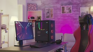 Modern pink gaming room with PC and chair - Free Stock Video