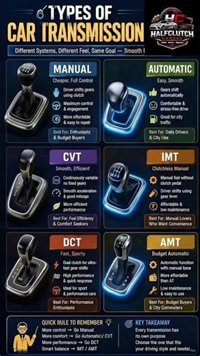 🚗⚙️ Types of Transmission – Explained Simply!Ever wondered what MT, AMT, CVT, AT & DCT mean? #mt