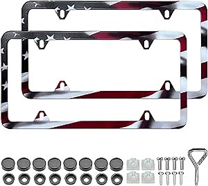 LIN KANG American Flag License Plate Frame Holder - 2 Pack Patriotic Universal Aluminum Matte Stripe US Flag Gloss Car Plate Frame Covers with 4 Holes and Screws Fasteners Caps