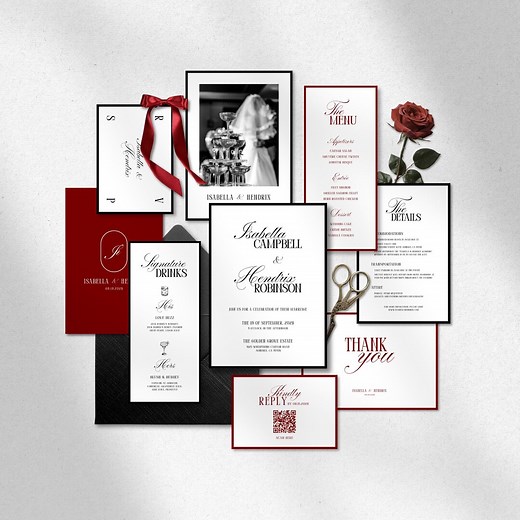 Classic Wedding Invitation Suite • Canva Template • Black & Red, Old Money, Elegant, Minimalist Design - Etsy