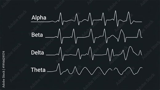 A real-time EEG monitoring display shows Alpha, Beta, Delta, and Theta brainwaves dynamically plotting across the screen over eight seconds, illustrating neurological activity progression.