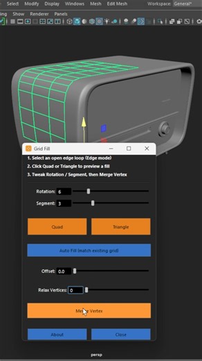 One Click Grid Fill in Maya – Fill Holes with Perfect Quad Topology #mayatutorial #3dtips #shorts