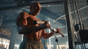 A muscular bodybuilder with a bare torso engages in a rigorous workout using a cable crossover machine in a modern gym setting, highlighting his well-defined muscles and strong physique. Camera 8K RAW