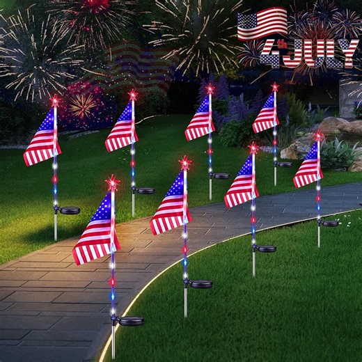 Tikeitoo Solar Flag Lights Pathway Stake Lights Red White Blue Waterproof LED Outdoor Yard Garden Decorations for 4th of July, Memorial Day