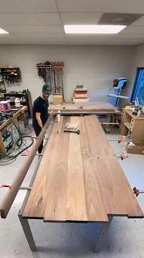 HUGE conference table glue up. #wood #woodworker #woodworking #DIY #LearnOnTikTok #learnwithme #glueup #glue | Woodland Creations