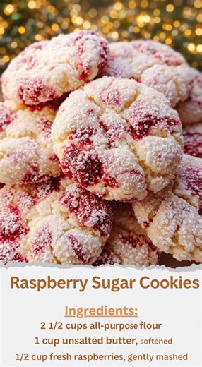 Raspberry Sugar Cookies Ingredients: - 2 1/2 cups all-purpose flour - 1/2 teaspoon baking powder - 1/4 teaspoon salt - 1 cup unsalted butter, softened - 1 cup granulated sugar - 1 large egg - 1 teaspoon vanilla extract - 1/2 cup fresh raspberries, gently mashed - 1/4 cup sanding sugar for decoration Directions: 1. Preheat oven to 350°F (175°C). Line baking sheets with parchment paper. 2. In a medium bowl, whisk together flour, baking powder, and salt. Set aside. 3. In a large bowl, using an elec