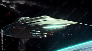 Video of sleek, futuristic spaceship traveling through deep space, showcasing advanced technology and aerodynamic design, with distant stars and nebulae in background, space exploration