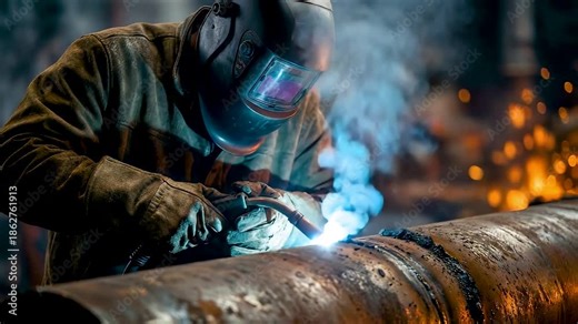 Industrial welder performing precision pipe welding with protective gear as sparks and smoke rise during heavy metal fabrication work