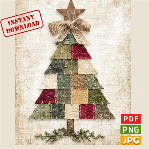 Rustic Patchwork Christmas Tree: Farmhouse Holiday Wall Art (PNG, PDF) - Etsy