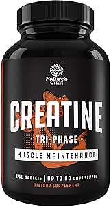 Natures Craft High Strength Tri Phase Creatine Tablets for Women & Men - Formula Blend of Creatine Monohydrate, 300mg HCL & Pyruvate Supplement - Muscle Mass Gain & Recovery Supplement - 240 Count