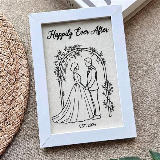 Custom Embroidered Wedding Photo Frame, Personalized Wedding Gift For Couple