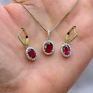 Genuine Ruby Gold Vermeil Set Silver Drop Earrings and Pendant - Etsy