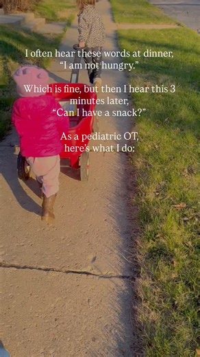 Christina | Pediatric Occupational Therapist, Mom & Parent Coach on Instagram: "The dinner refusal → snack request cycle is not just a test of your patience. It’s often a sign their nervous system isn’t settled enough to eat. 😵‍💫 Dysregulated kids don’t feel hunger accurately. 🍽️ They might sit down overstimulated, tired, or overwhelmed—and their appetite disappears. 🍿 But once the pressure’s off and the room is calmer… boom: snack time. Try this before dinner: ✔️ 5 minutes of heavy work (wa